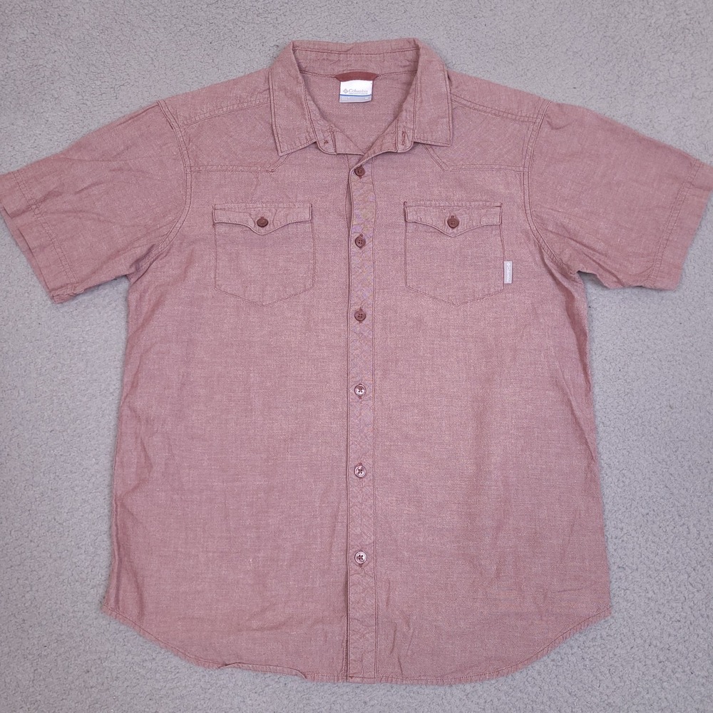 Columbia Shirt Mens Medium Red Chambray Button Front Short Sleeve Western